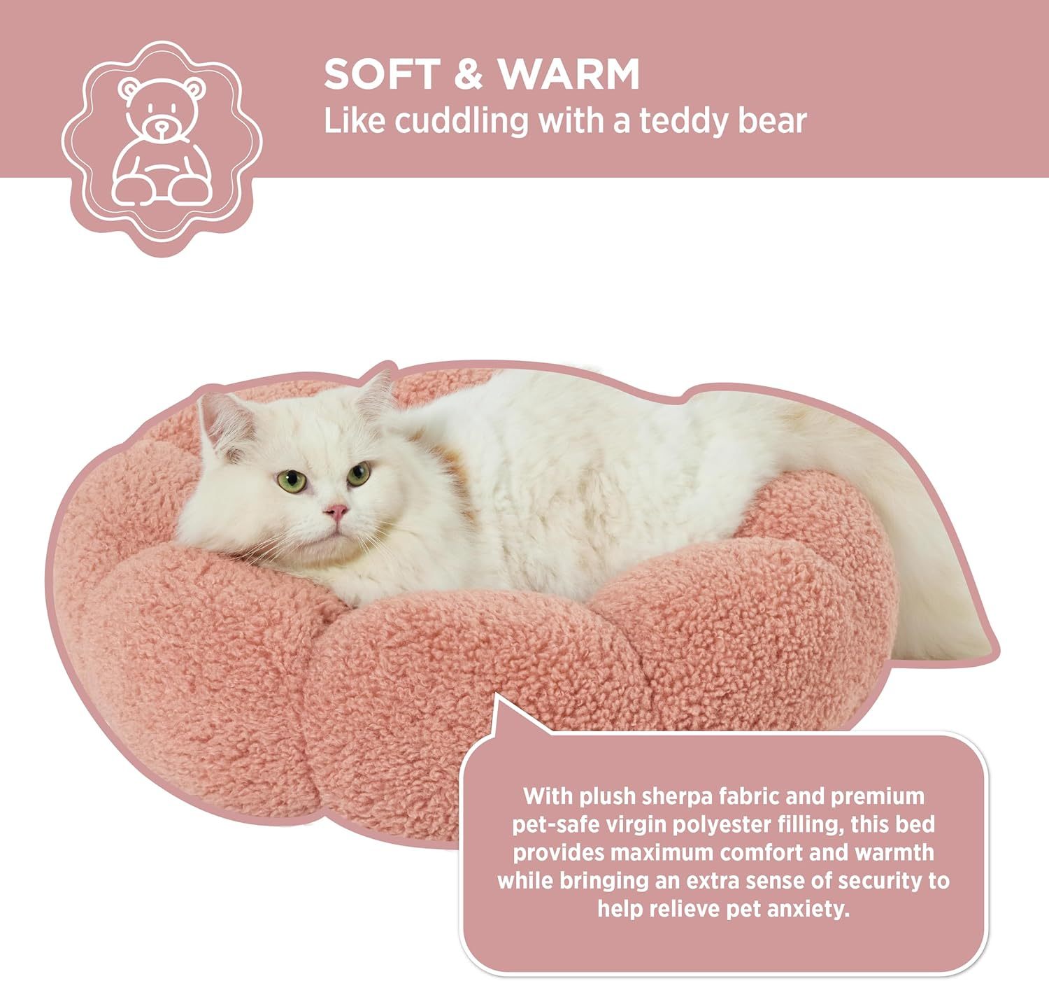 Calming Cat Beds for Indoor Cats - Cute Flower Pet Beds in Teddy Sherpa Plush, Donut Round Fluffy Puppy Bed, Non-Slip Extra Small Dog Bed Fits up to 15 lbs, Machine Washable, Pink 20"