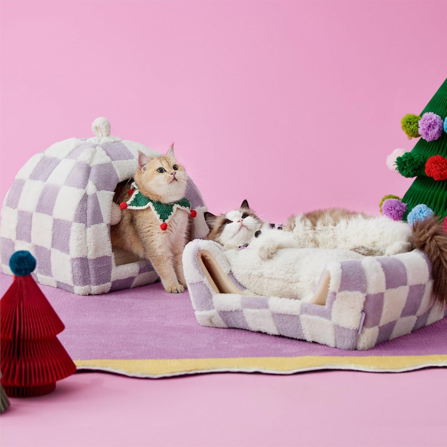 Cute Cat Beds for Indoor Cats - 2 in 1 Cat Cave Bed for Large Cats, Cat House with Removable Washable Cushioned Pillow, Cozy Cat Tent House with Non-Slip Bottom, Purple, 17.3 inches