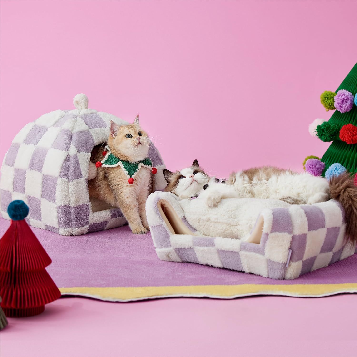 Cute Cat Beds for Indoor Cats - 2 in 1 Cat Cave Bed for Large Cats, Cat House with Removable Washable Cushioned Pillow, Cozy Cat Tent House with Non-Slip Bottom, Purple, 17.3 inches