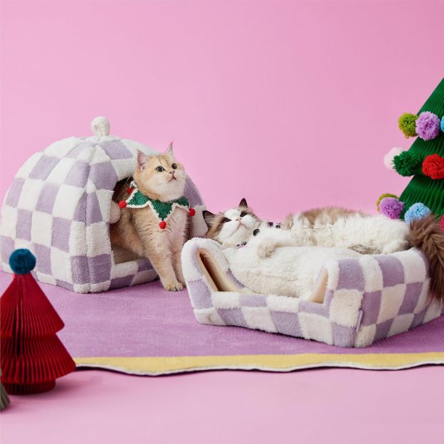 Cute Cat Beds for Indoor Cats - 2 in 1 Cat Cave Bed for Large Cats, Cat House with Removable Washable Cushioned Pillow, Cozy Cat Tent House with Non-Slip Bottom, Purple, 17.3 inches