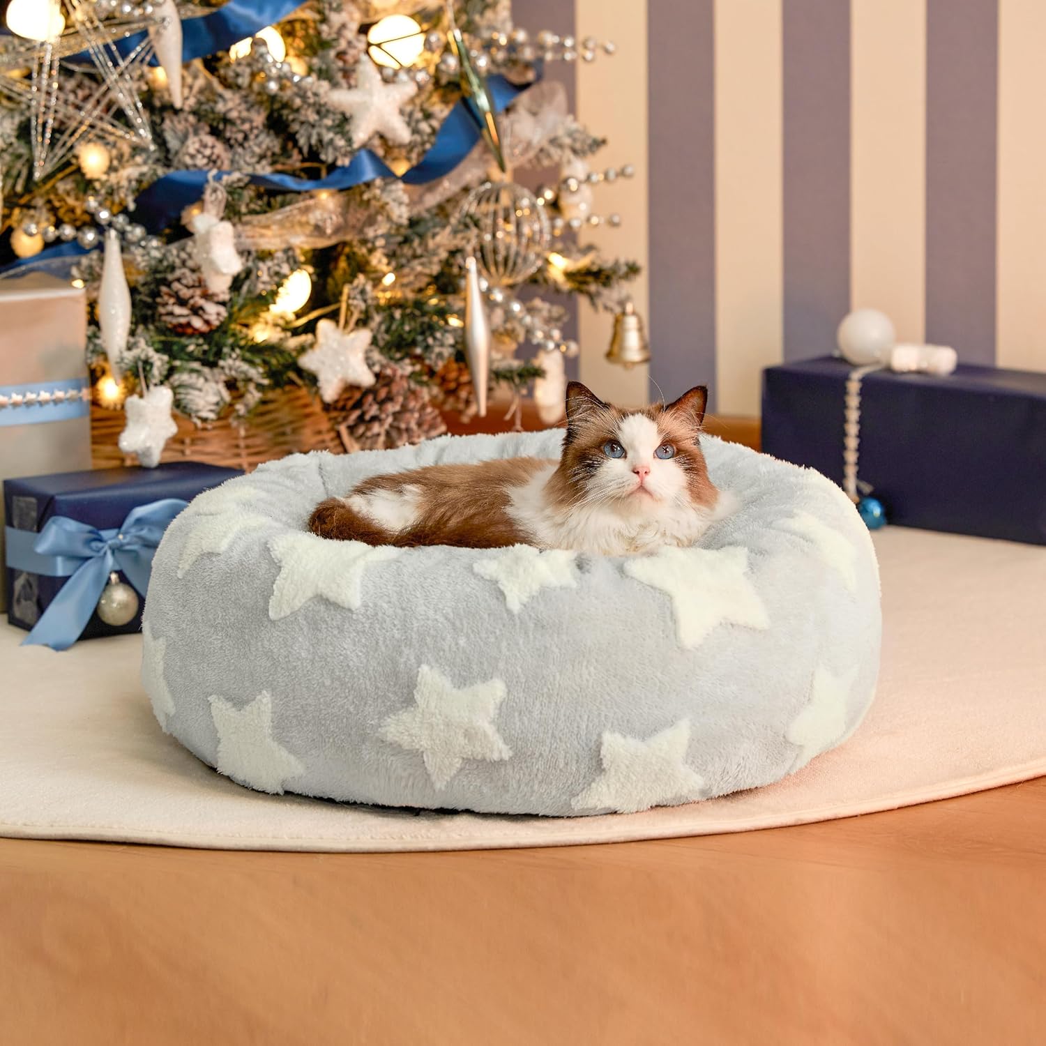 Donut Small Dog Bed - Round Cat Beds for Indoor Cats Anti-Anxiety Calming Pet Beds, Washable Cute Modern Beds with Teddy Sherpa Plush & Anti Slip Bottom, 20 Inch, Galaxy Grey