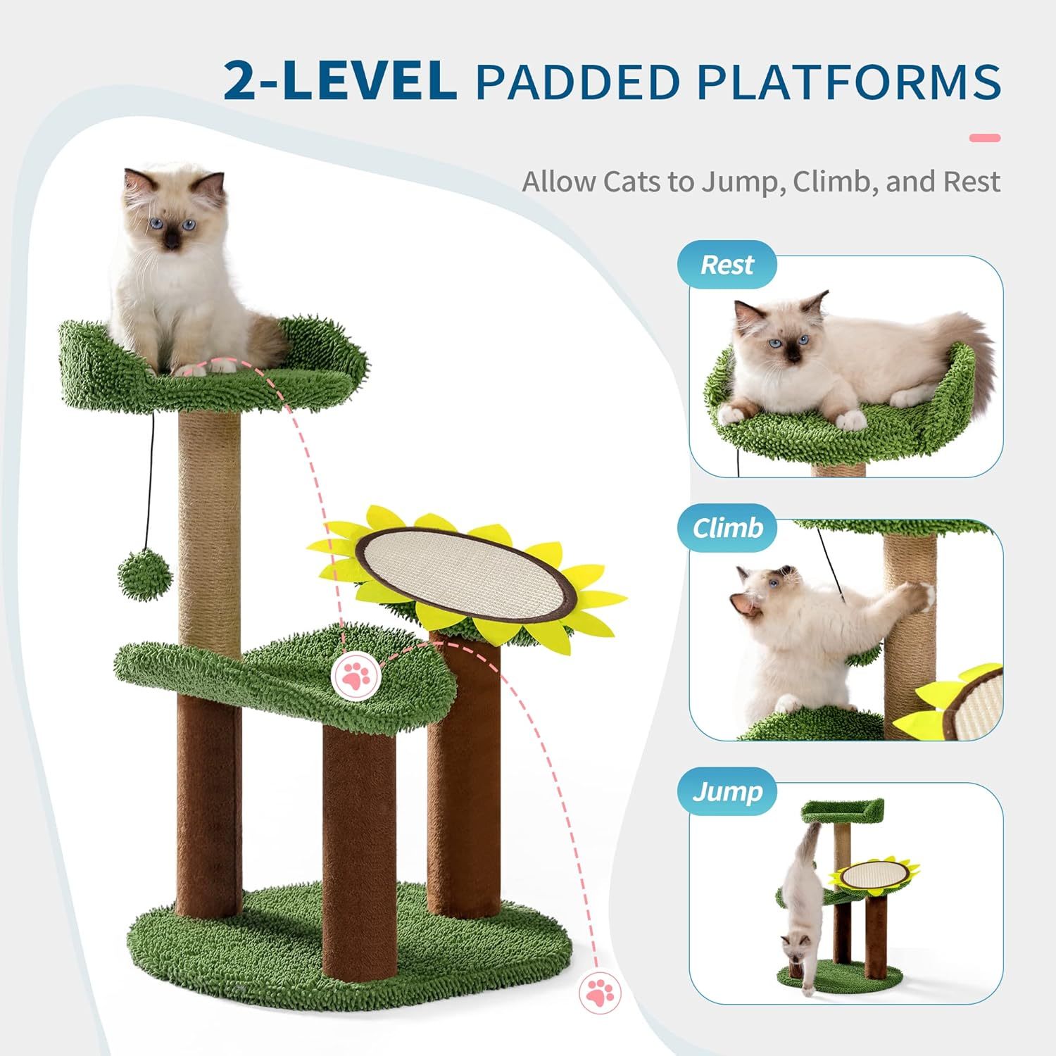 Cactus Cat Tree, Green Cat Tower with Plush Perch for Small Indoor Kittens, Cat Scratcher with 2 Levels Platform for Kitty