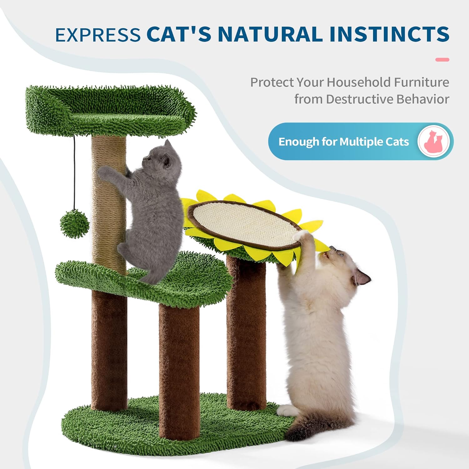 Cactus Cat Tree, Green Cat Tower with Plush Perch for Small Indoor Kittens, Cat Scratcher with 2 Levels Platform for Kitty