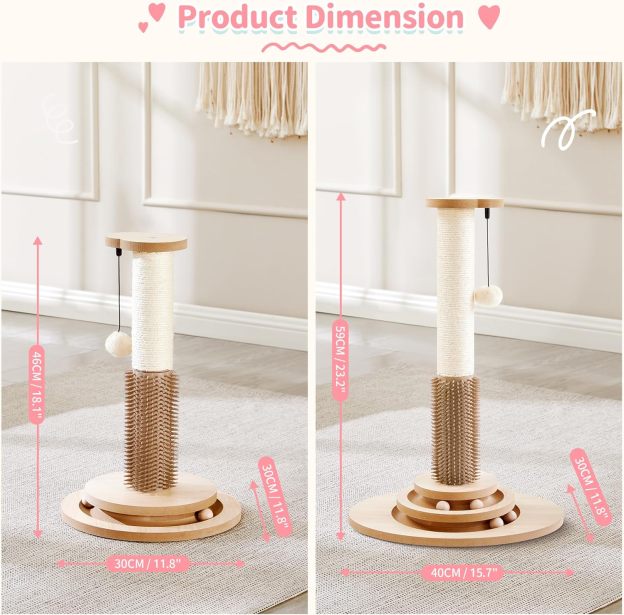Cat Scratching Post, 23" Tall Sisal Cat Scratcher Post with Cat Self Groomer, 4-in-1 Interactive Trackball Toys with Cat Hair Brush