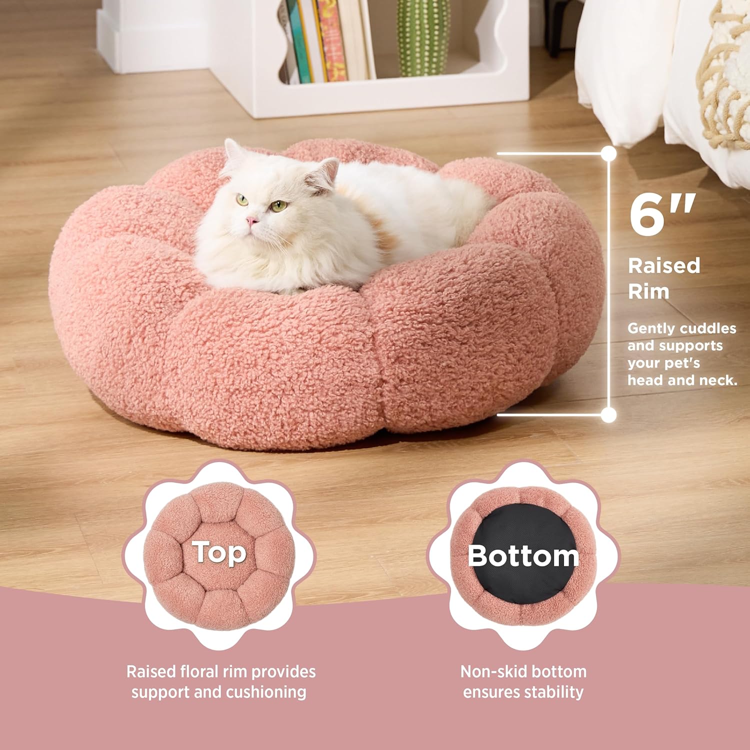 Calming Cat Beds for Indoor Cats - Cute Flower Pet Beds in Teddy Sherpa Plush, Donut Round Fluffy Puppy Bed, Non-Slip Extra Small Dog Bed Fits up to 15 lbs, Machine Washable, Pink 20"