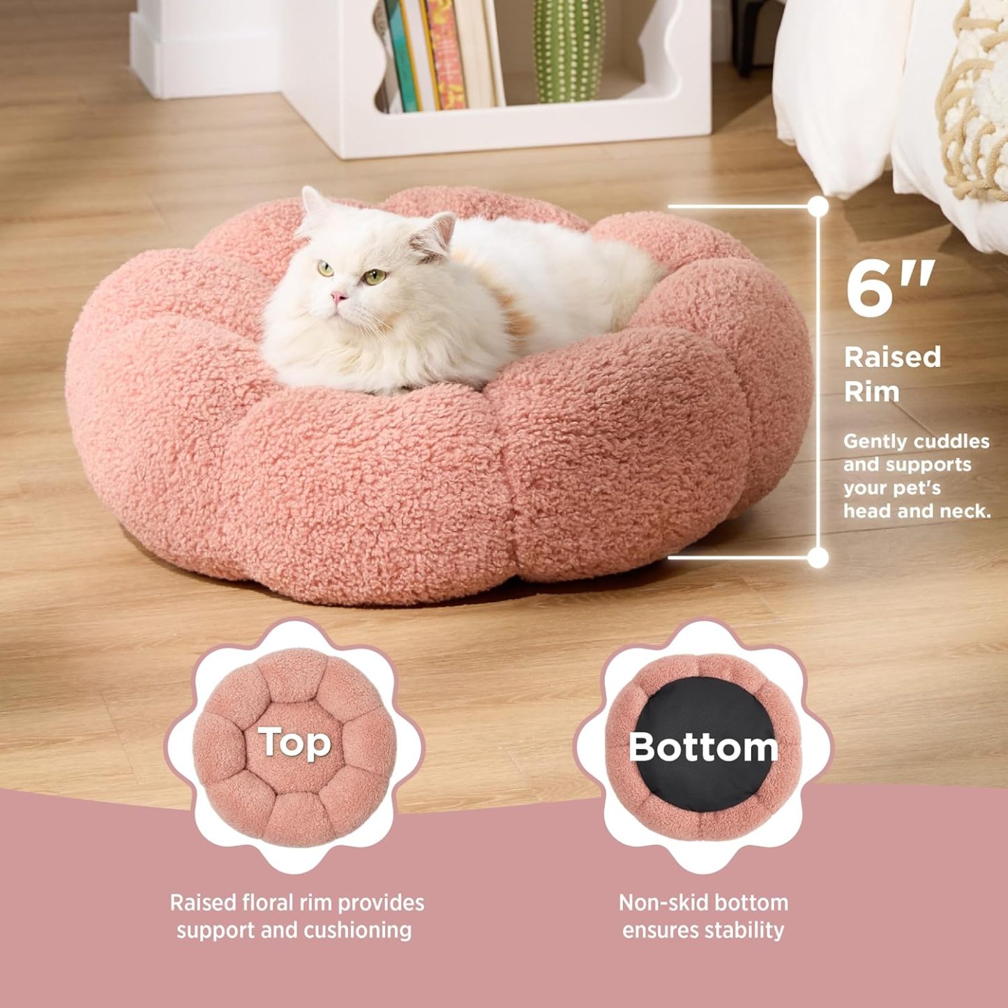 Calming Cat Beds for Indoor Cats - Cute Flower Pet Beds in Teddy Sherpa Plush, Donut Round Fluffy Puppy Bed, Non-Slip Extra Small Dog Bed Fits up to 15 lbs, Machine Washable, Pink 20"