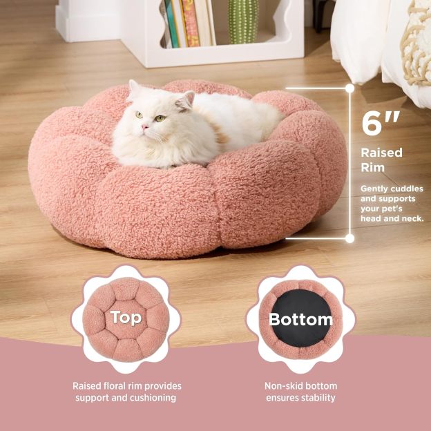 Calming Cat Beds for Indoor Cats - Cute Flower Pet Beds in Teddy Sherpa Plush, Donut Round Fluffy Puppy Bed, Non-Slip Extra Small Dog Bed Fits up to 15 lbs, Machine Washable, Pink 20"