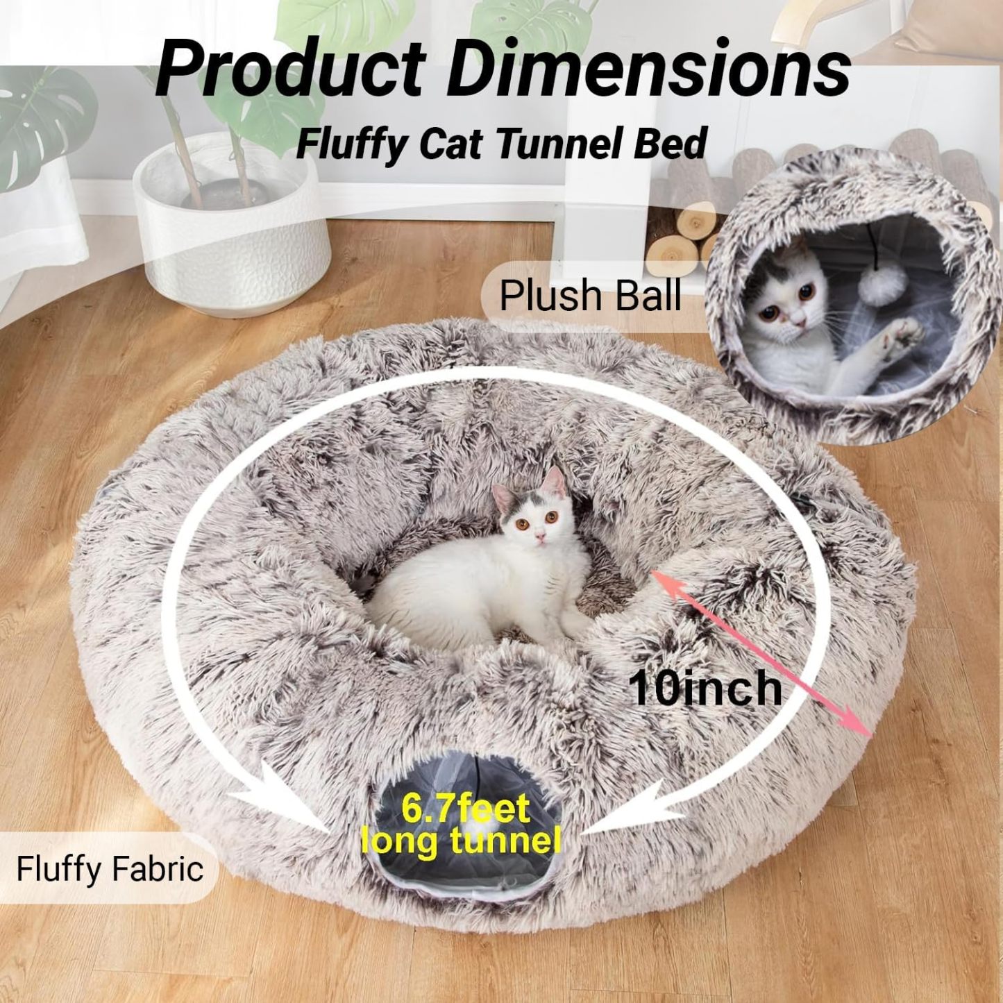 Warm Fluffy Plush Cat Dog Tunnel Bed with Washable Cushion-Big Tube Playground Toys 3 FT Diameter Longer Crinkle Collapsible 3 Way, for Indoor Cat Kitty Kitten Puppy Rabbit Ferret Brown