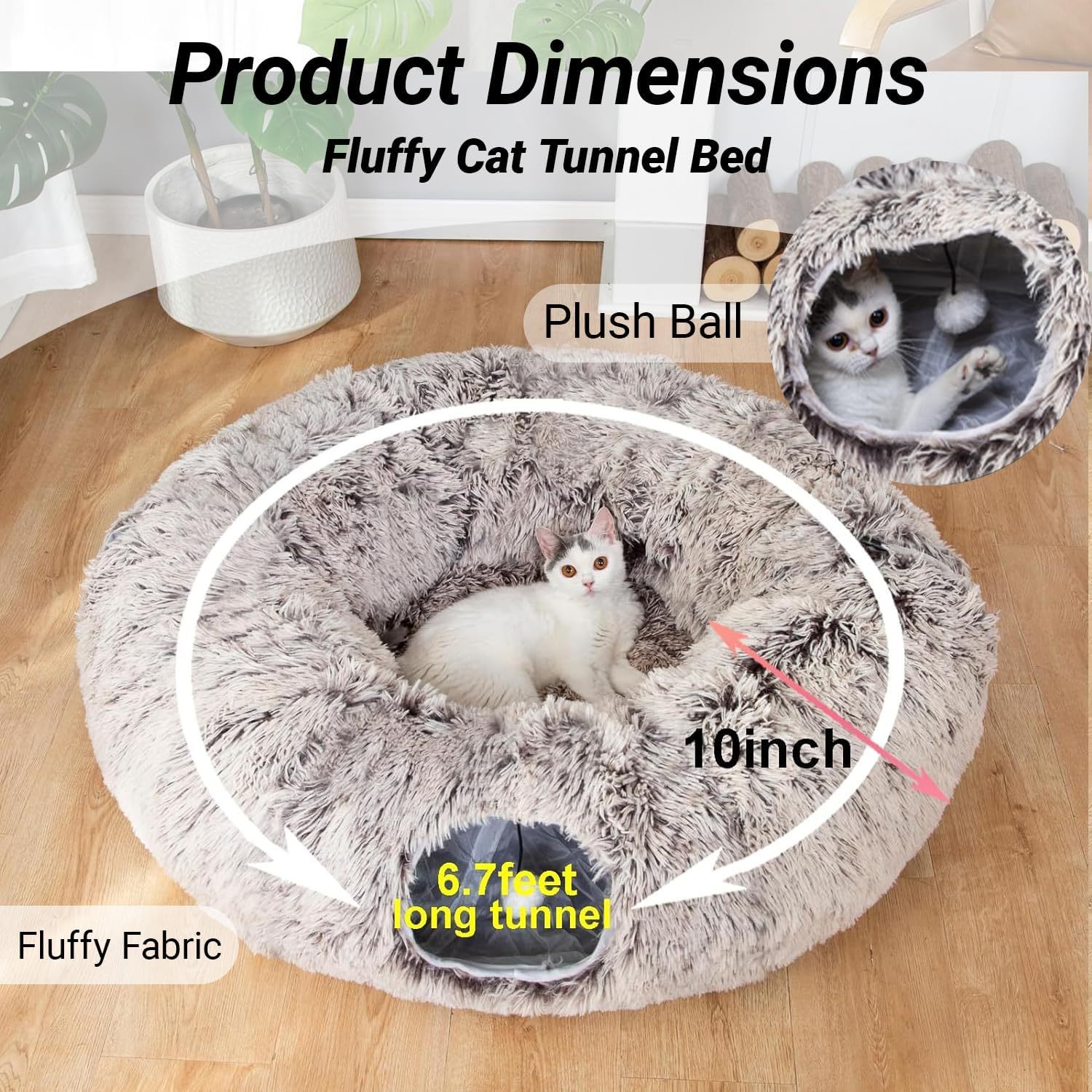 Warm Fluffy Plush Cat Dog Tunnel Bed with Washable Cushion-Big Tube Playground Toys 3 FT Diameter Longer Crinkle Collapsible 3 Way, for Indoor Cat Kitty Kitten Puppy Rabbit Ferret Brown