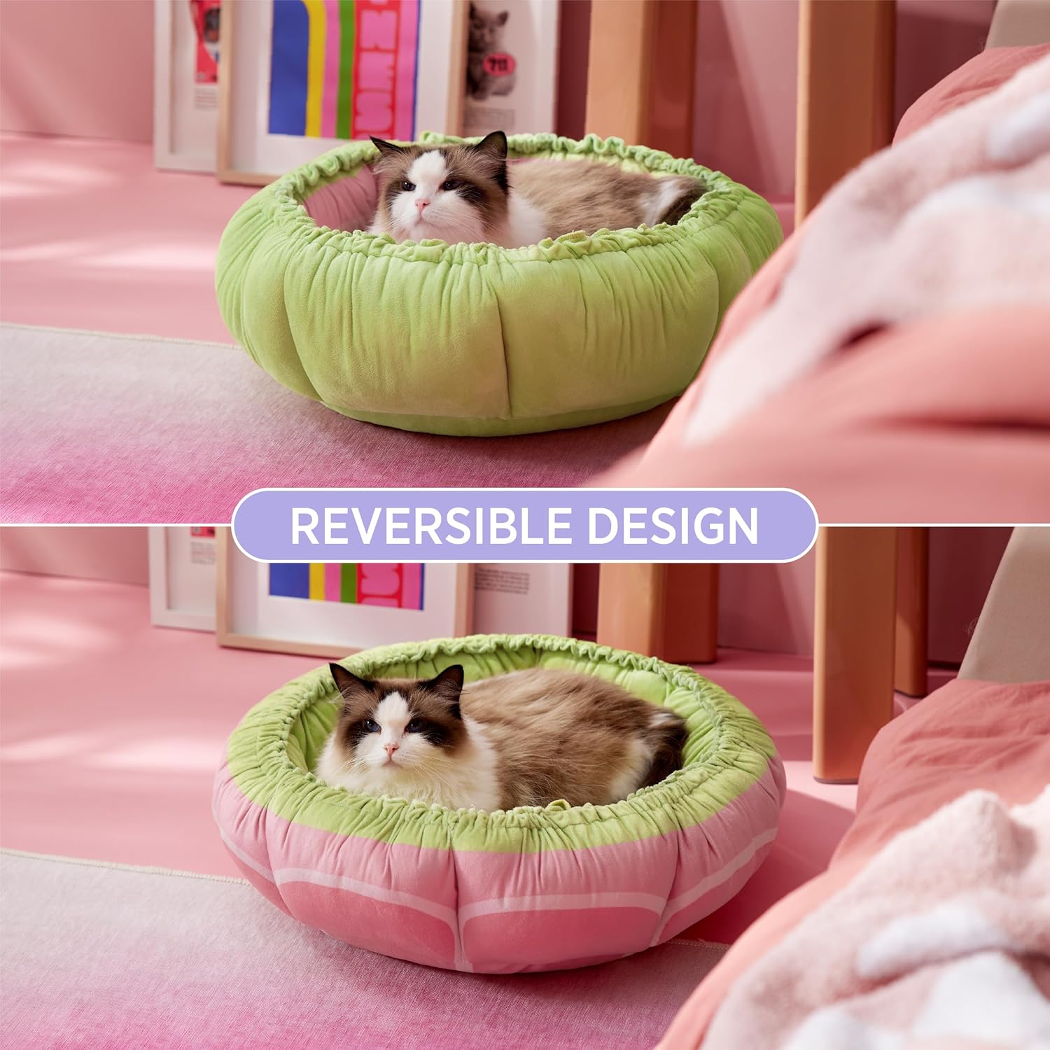 Cat Beds for Indoor Cats - Washable Cute Cat Beds with Versatile Dual-Use Design, Reversible Donut Pet Bed for Puppy and Kitten, 21x21x7 Inches
