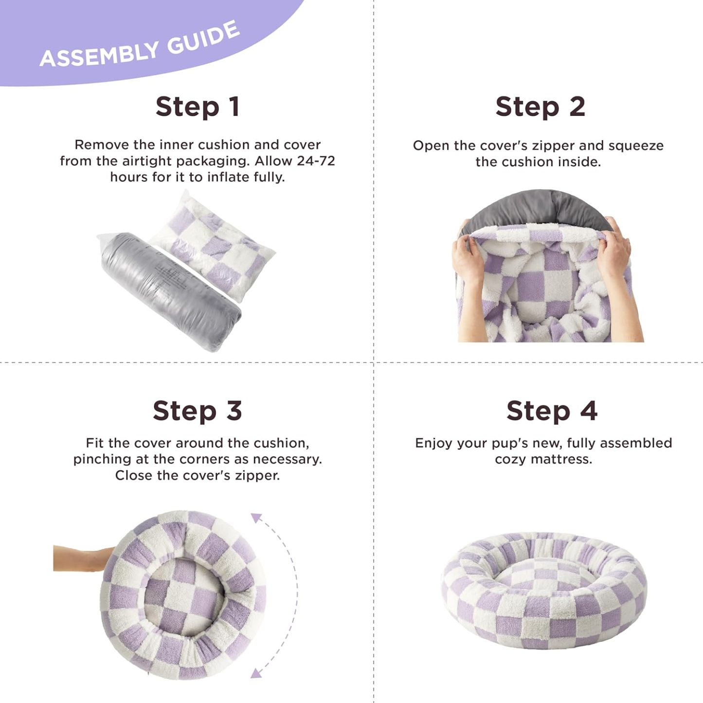 Cat Beds for Indoor Cats - Round Cat Bed Donut Small Dog Bed Calming Pet Beds, Cute Modern Beds with Jacquard Shaggy Plush & Anti Slip Bottom, 20 Inch, Purple