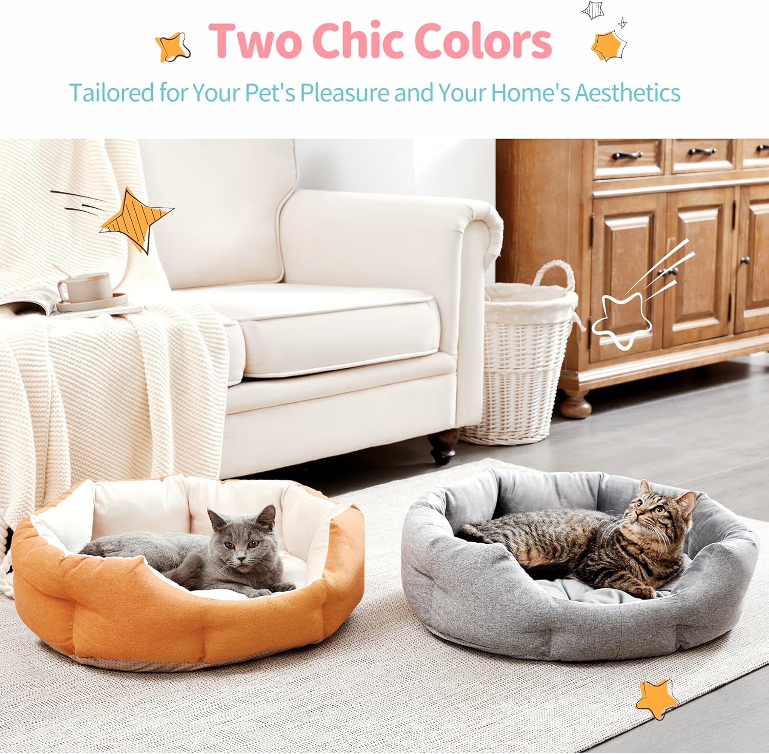 Cat Beds for Indoor Cats - Dog Beds for Small Dogs, Round Pet Bed for Puppy and Kitten, Washable Dog Bed with Anti-Slip Bottom, 22.44"L x 20.47"W x 6.3"Th