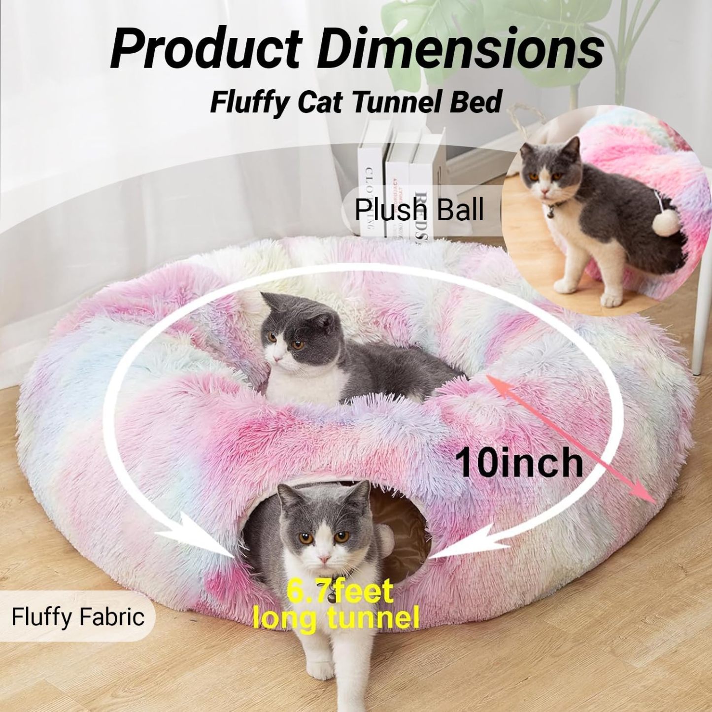 Warm Fluffy Plush Cat Dog Tunnel Bed with Washable Cushion-Big Tube Playground Toys 3 FT Diameter Longer Crinkle Collapsible 3 Way, for Indoor Cat Kitty Kitten Puppy Rabbit Ferret Rainbow