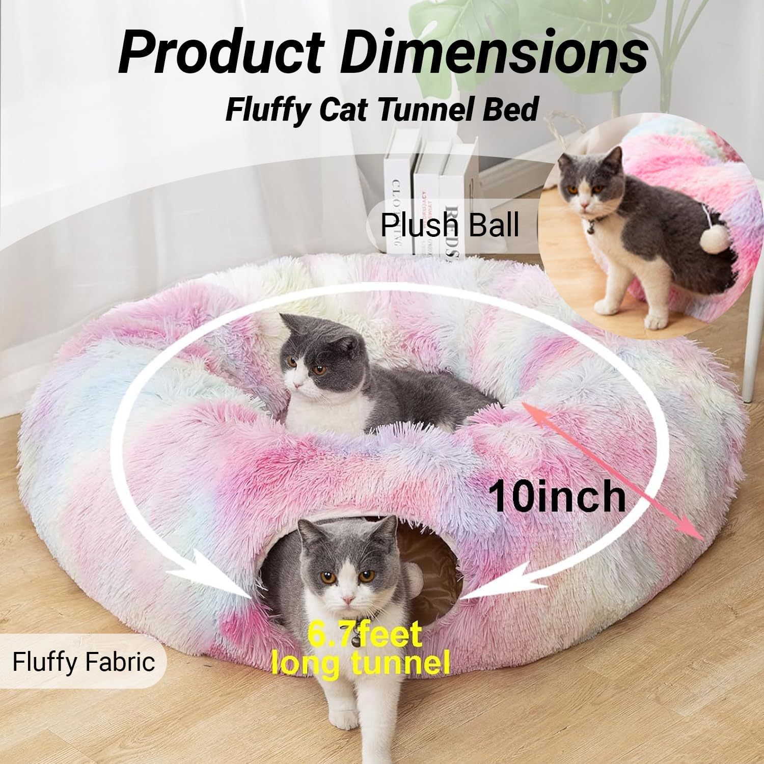 Warm Fluffy Plush Cat Dog Tunnel Bed with Washable Cushion-Big Tube Playground Toys 3 FT Diameter Longer Crinkle Collapsible 3 Way, for Indoor Cat Kitty Kitten Puppy Rabbit Ferret Rainbow