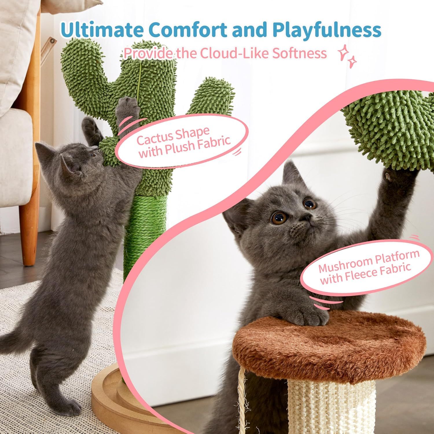 Cat Scratching Post, 21.7" Cactus Kitten Scratcher for Indoor Cats, Mushroom Cute Cat Tree with Sisal Scratch Post