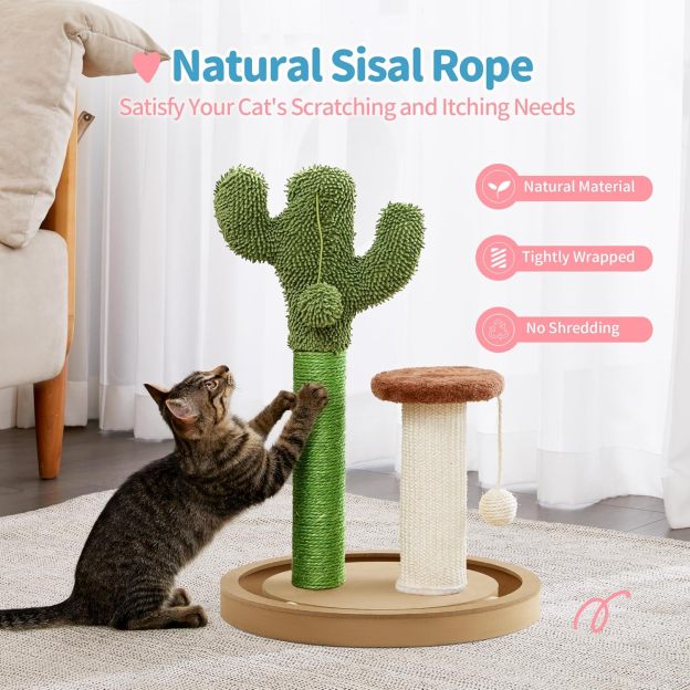 Cat Scratching Post, 21.7" Cactus Kitten Scratcher for Indoor Cats, Mushroom Cute Cat Tree with Sisal Scratch Post