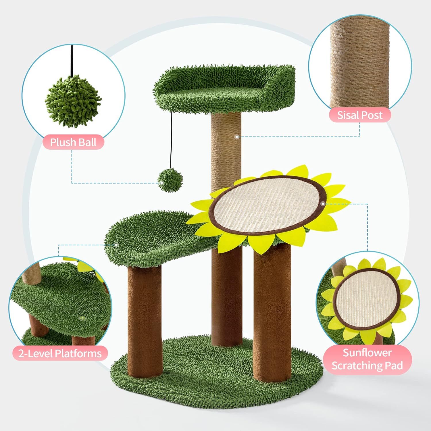 Cactus Cat Tree, Green Cat Tower with Plush Perch for Small Indoor Kittens, Cat Scratcher with 2 Levels Platform for Kitty