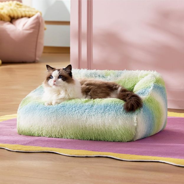 Dog Bed Medium Size - Cute Furry Calming Puppy Beds, Rectangle Washable Indoor Pet Beds with Removable Zipper Cover, 35x25x11inches, Green Stripe