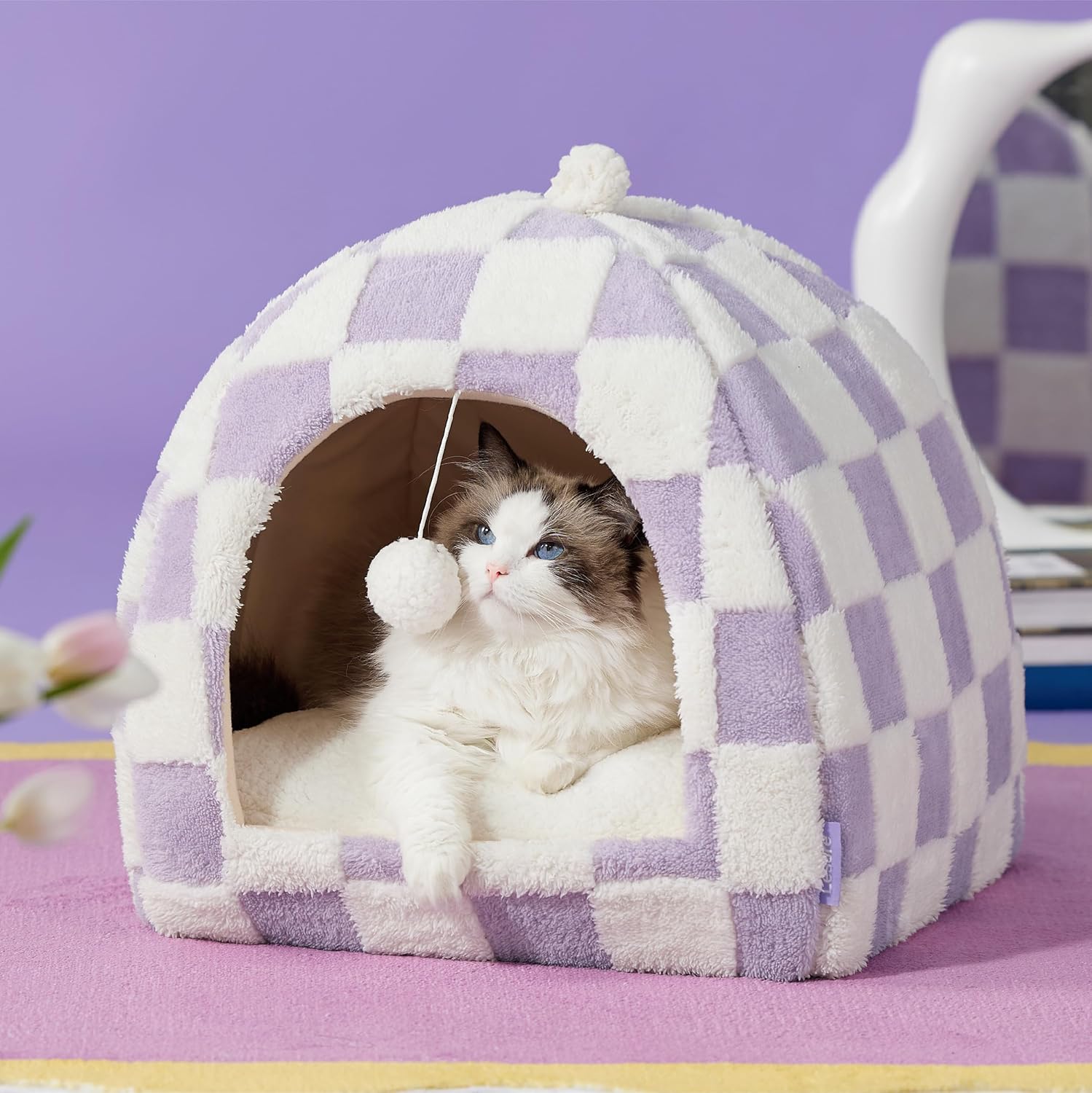 Cute Cat Beds for Indoor Cats - 2 in 1 Cat Cave Bed for Large Cats, Cat House with Removable Washable Cushioned Pillow, Cozy Cat Tent House with Non-Slip Bottom, Purple, 17.3 inches