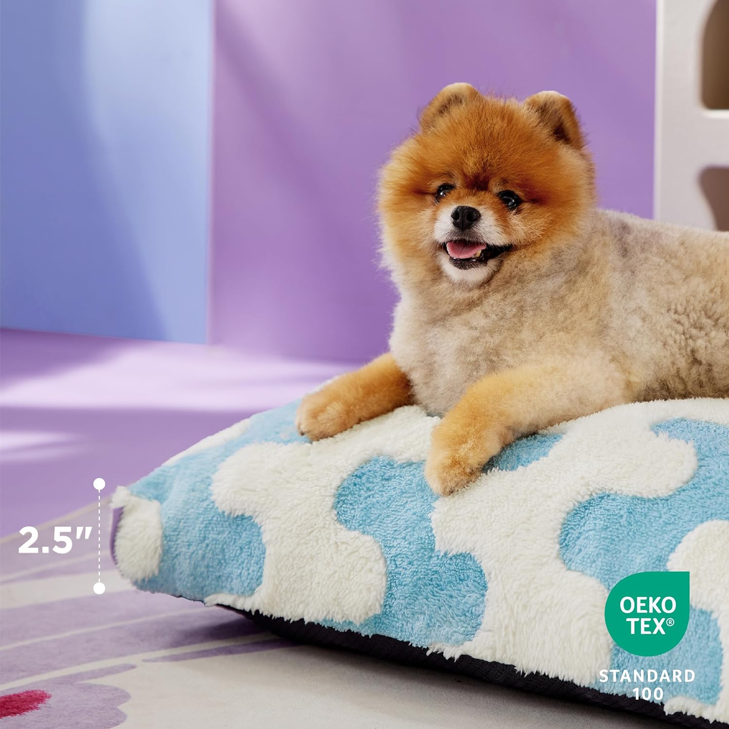 Small Dog Beds-Thick Shredded Chopped Foam Pet Bed, Dog Bed Indoor with Removable Cover, Cute Modern Fuzzy Plush & Anti Slip Bottom(24'x16', Blue Wave)