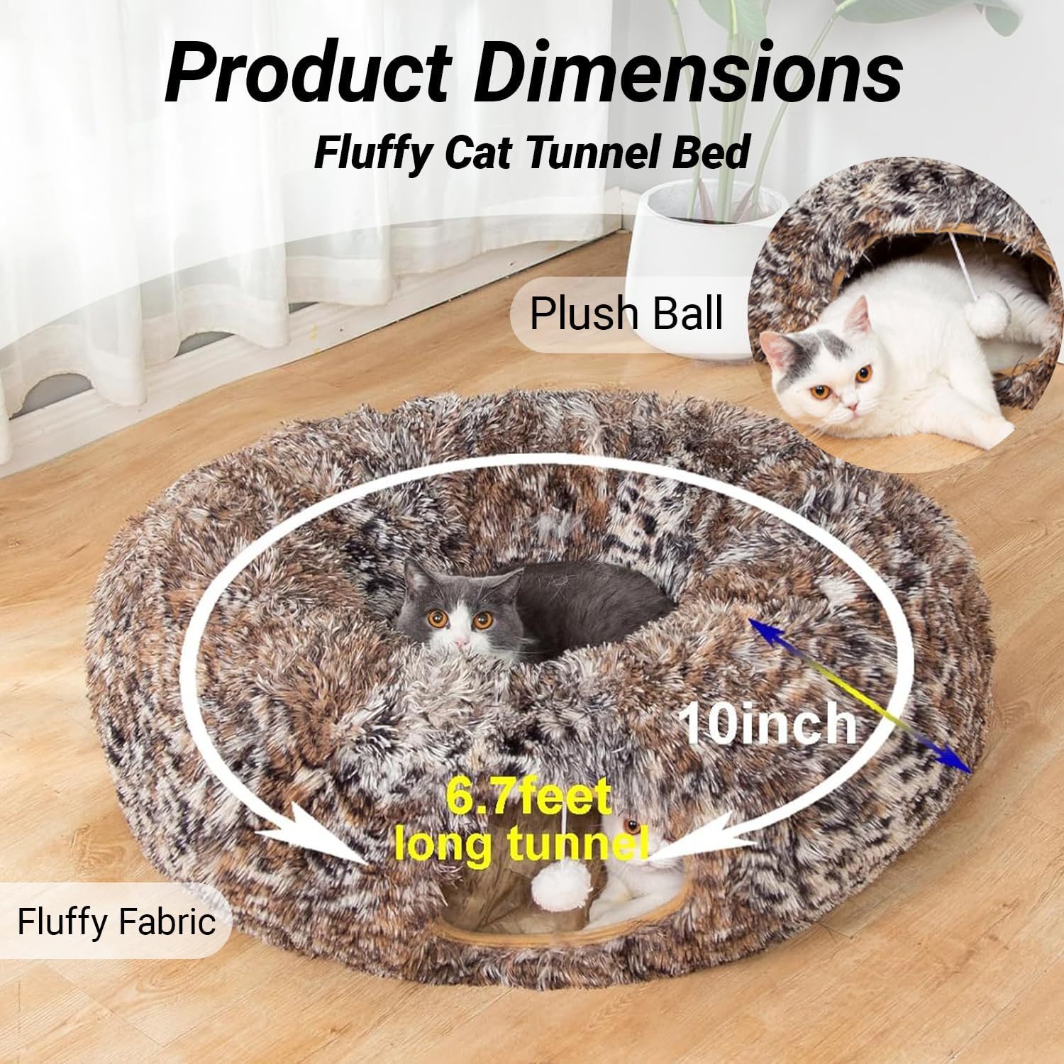 Warm Fluffy Plush Cat Dog Tunnel Bed with Washable Cushion- Big Tube Playground Toys 3 FT Diameter Collapsible, for Indoor Cat Kitty Kitten Puppy Rabbit Ferret Leopard Print