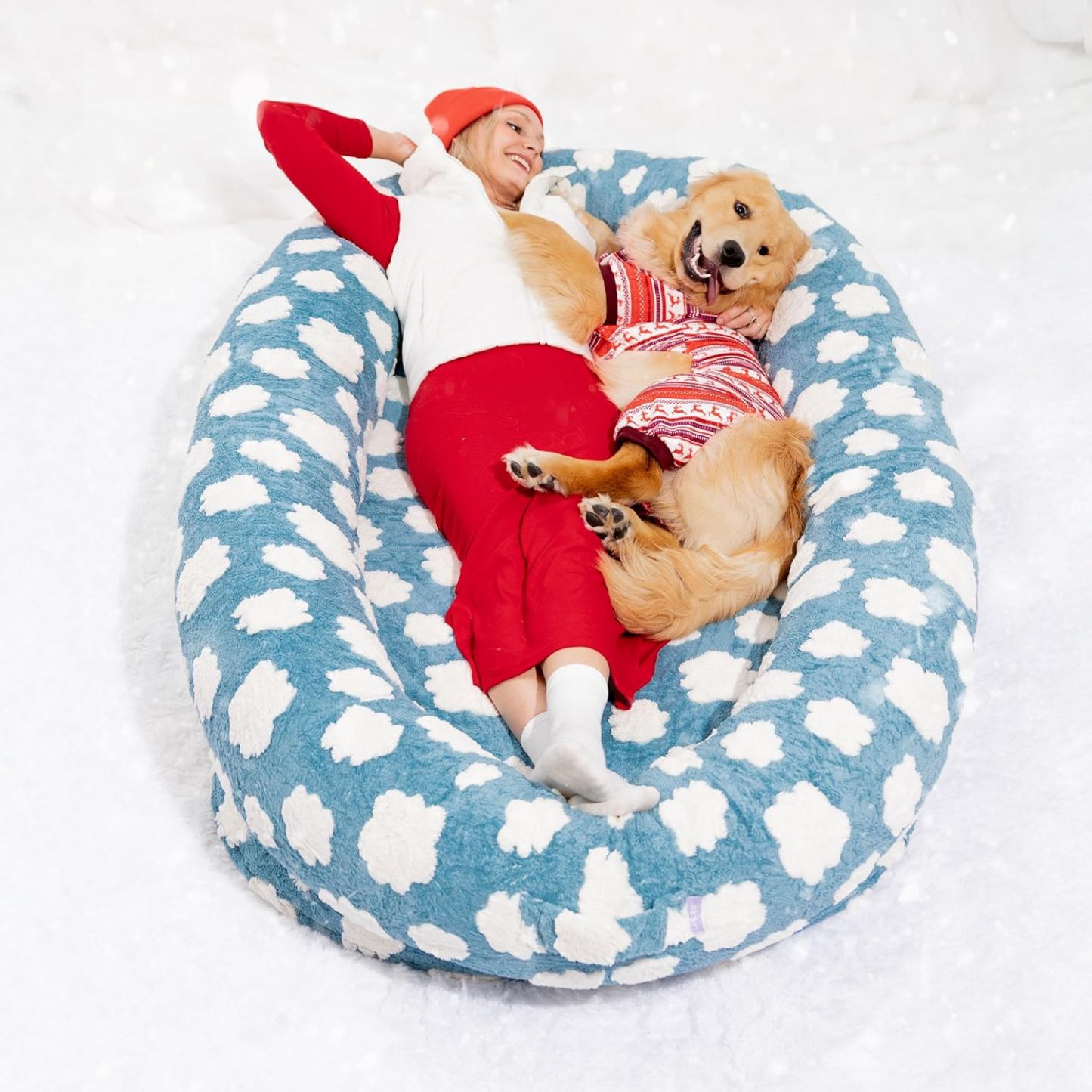 Human Dog Bed for Adult - Calming Human Size Dog Bed with Egg Foam Supportive Mat and Storage Pocket, Cute Modern Pet Beds with Jacquard Shaggy Plush & Anti Slip Bottom 68x44x12, Blue