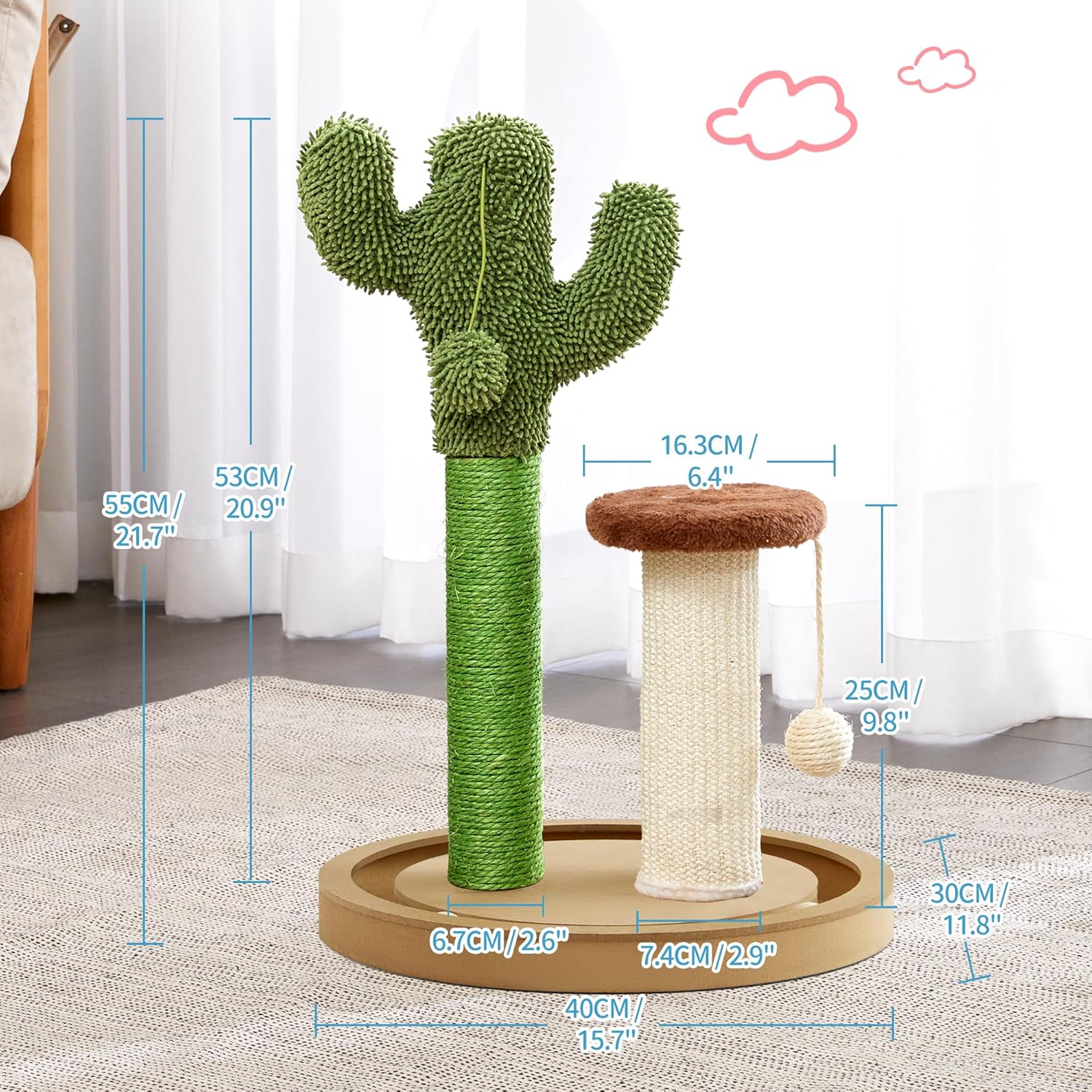 Cat Scratching Post, 21.7" Cactus Kitten Scratcher for Indoor Cats, Mushroom Cute Cat Tree with Sisal Scratch Post