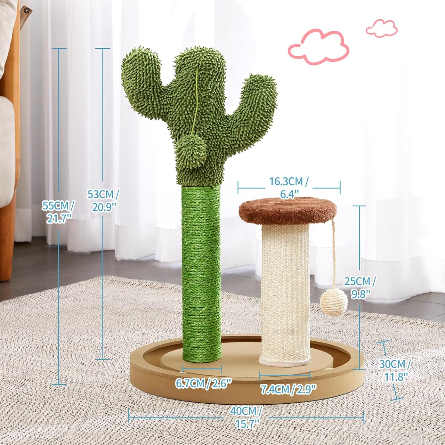Cat Scratching Post, 21.7" Cactus Kitten Scratcher for Indoor Cats, Mushroom Cute Cat Tree with Sisal Scratch Post