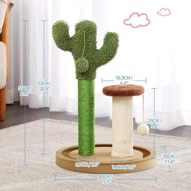 Cat Scratching Post, 21.7" Cactus Kitten Scratcher for Indoor Cats, Mushroom Cute Cat Tree with Sisal Scratch Post