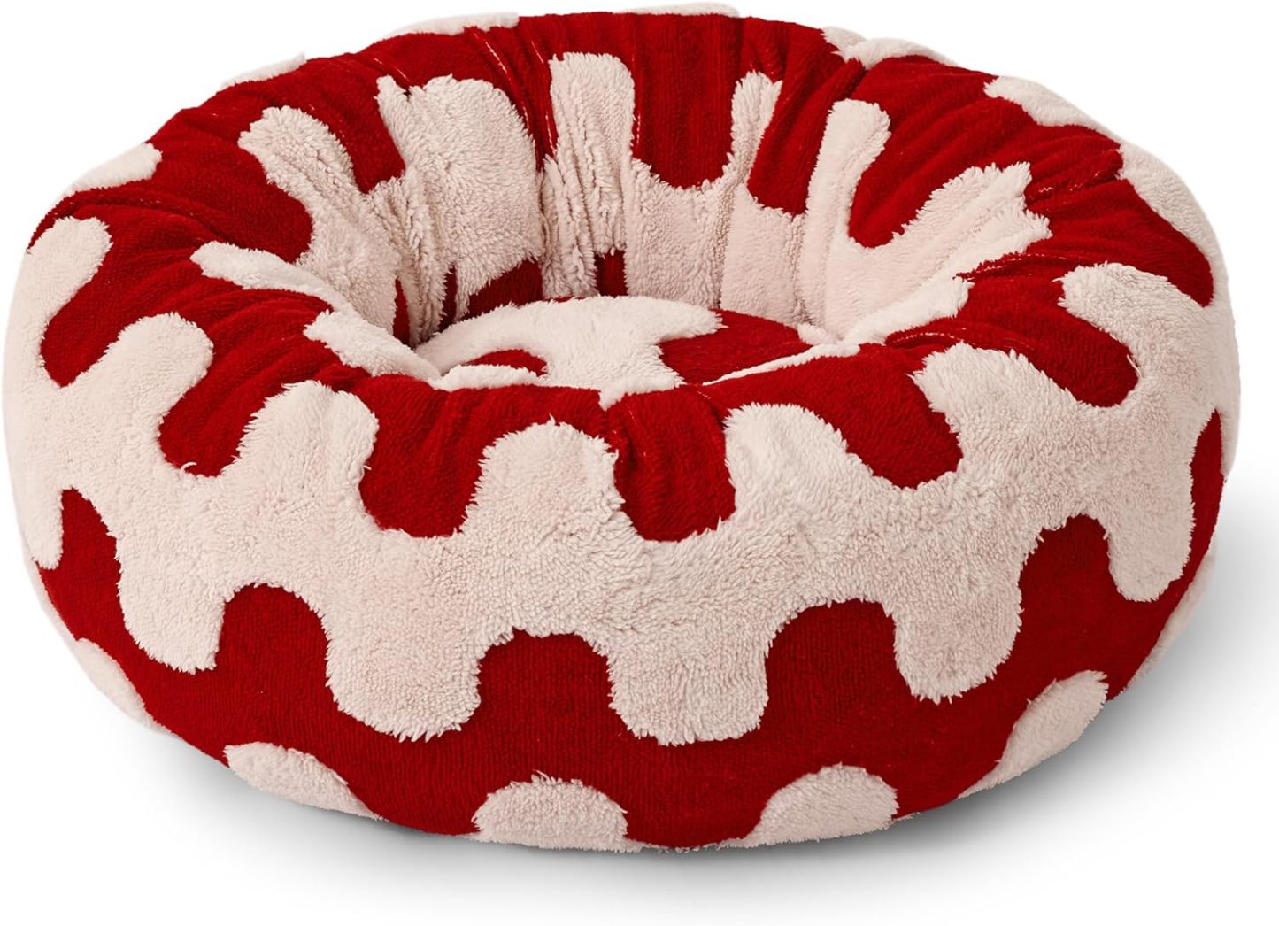 Donut Small Dog Bed - Round Cat Beds for Indoor Cats Anti-Anxiety Calming Pet Beds, Washable Cute Modern Beds with Teddy Sherpa Plush & Anti Slip Bottom Red