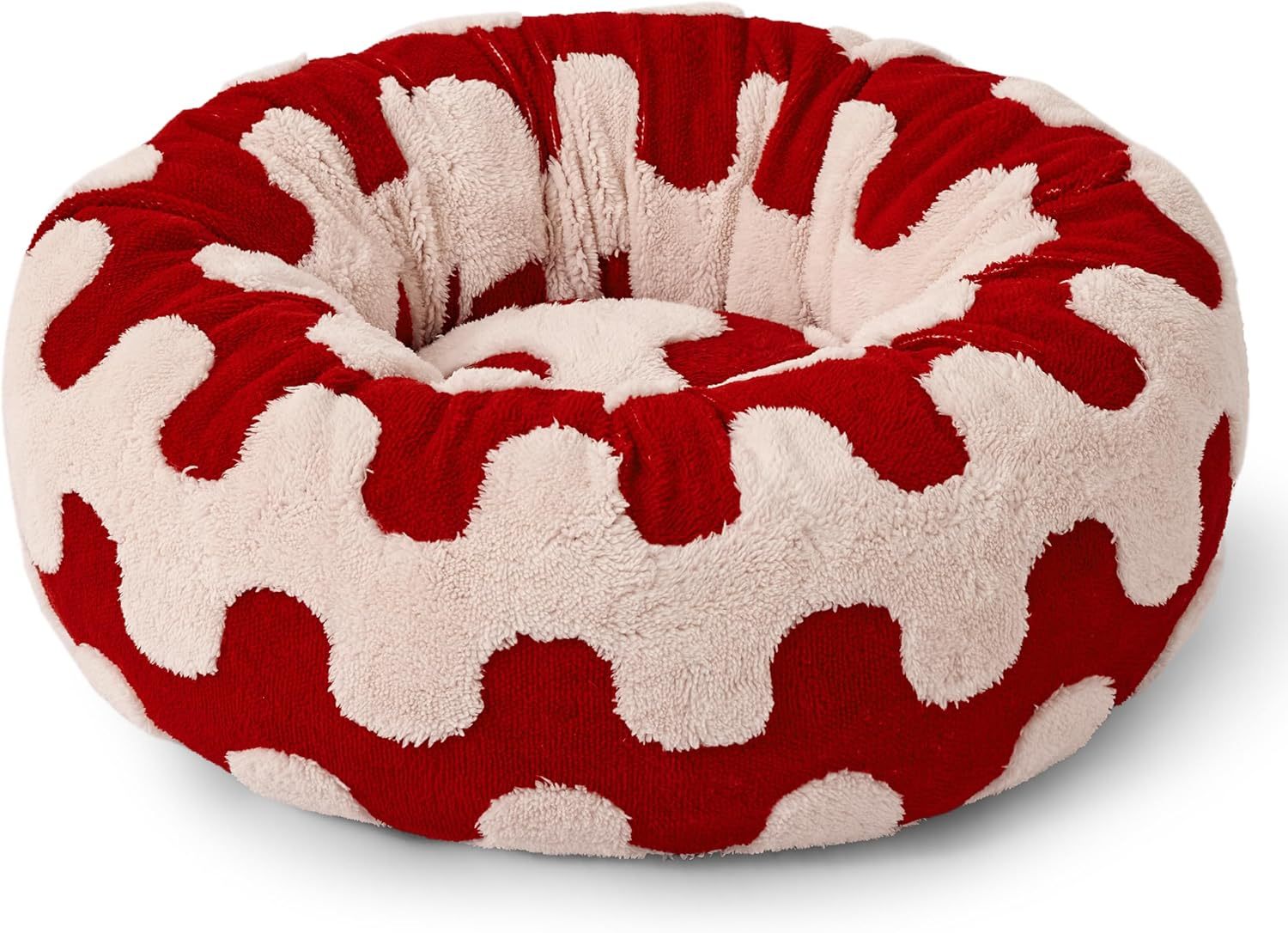 Donut Small Dog Bed - Round Cat Beds for Indoor Cats Anti-Anxiety Calming Pet Beds, Washable Cute Modern Beds with Teddy Sherpa Plush & Anti Slip Bottom Red