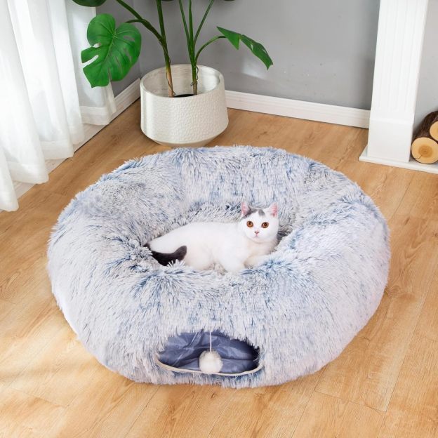 Warm Fluffy Plush Cat Dog Tunnel Bed with Washable Cushion-Big Tube Playground Toys 3 FT Diameter Longer Crinkle Collapsible 3 Way, for Indoor Cat Kitty Kitten Puppy Rabbit Ferret Blue