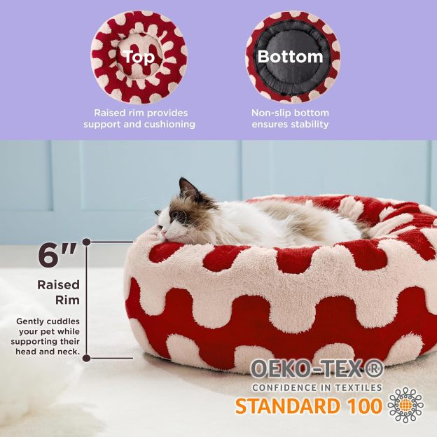 Donut Small Dog Bed - Round Cat Beds for Indoor Cats Anti-Anxiety Calming Pet Beds, Washable Cute Modern Beds with Teddy Sherpa Plush & Anti Slip Bottom Red