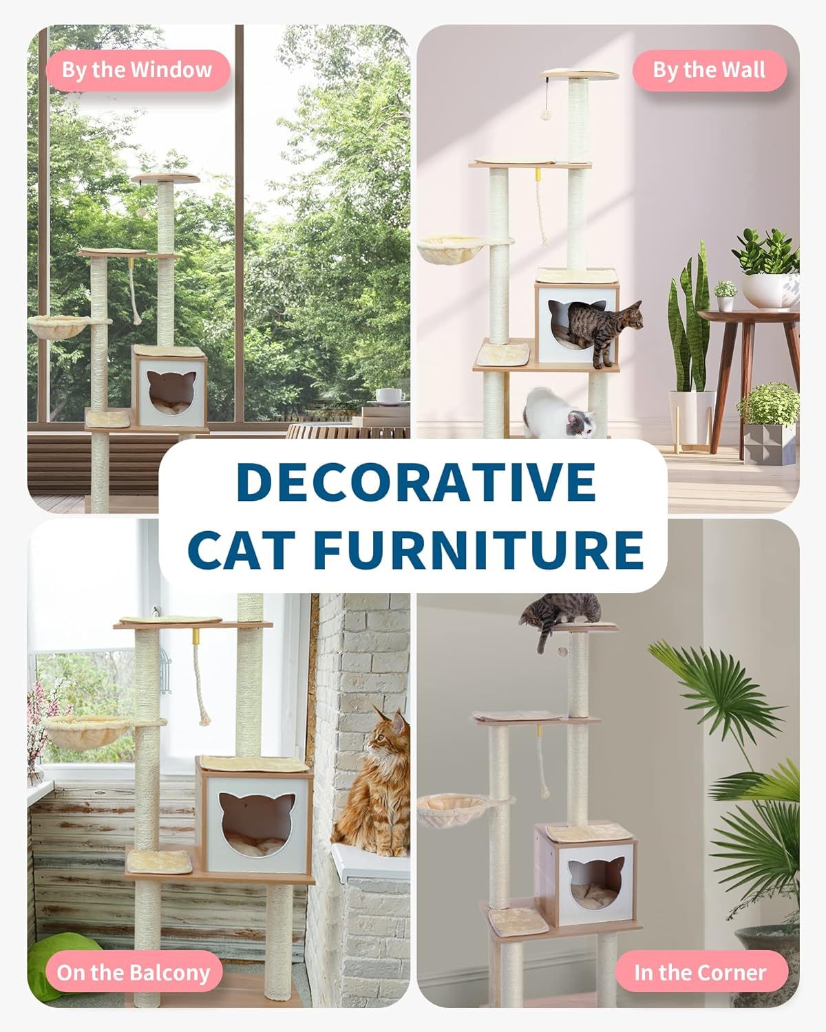 Modern Cat Tree Tower for Indoor Cats - 65" Tall Wood Condo with Hammock