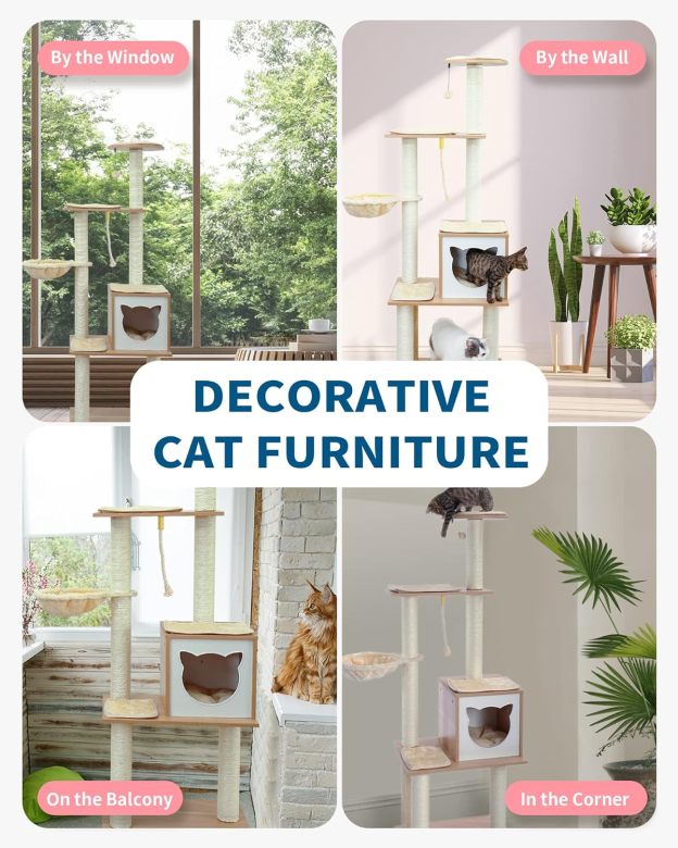 Modern Cat Tree Tower for Indoor Cats - 65" Tall Wood Condo with Hammock