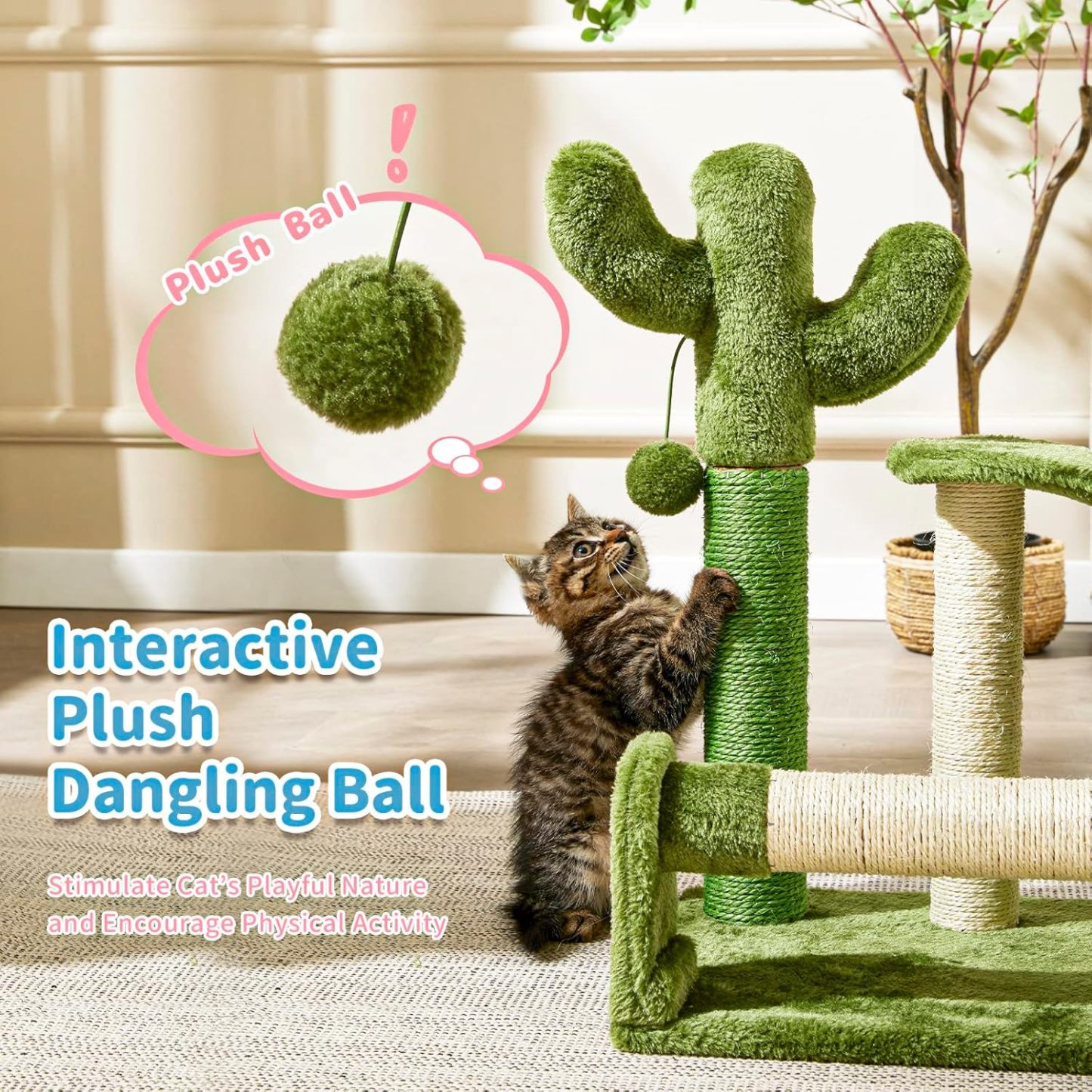Cat Scratching Post, Cactus Scratcher Tree for Indoor Small Cats, Adult Kitten Scratch Pad with Natural Sisal Ropes
