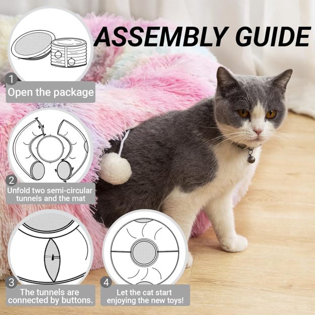 Warm Fluffy Plush Cat Dog Tunnel Bed with Washable Cushion-Big Tube Playground Toys 3 FT Diameter Longer Crinkle Collapsible 3 Way, for Indoor Cat Kitty Kitten Puppy Rabbit Ferret Rainbow