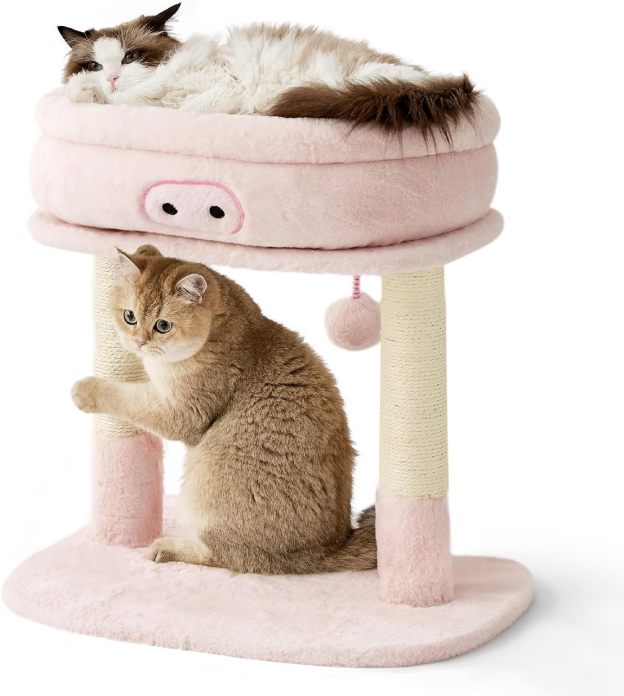 Cute Cat Tree Tower - Cat Tower with Nature Sisal Scratching Post for Indoor Large Cats and Kittens, Featuring with Soft Removable Cat Bed,Wide Perch, Playful Toy, 22x16.5x22.8in，Pink
