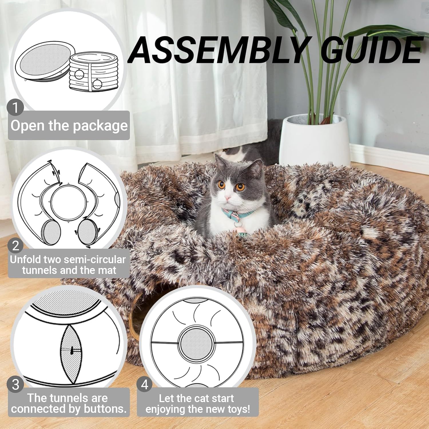 Warm Fluffy Plush Cat Dog Tunnel Bed with Washable Cushion- Big Tube Playground Toys 3 FT Diameter Collapsible, for Indoor Cat Kitty Kitten Puppy Rabbit Ferret Leopard Print