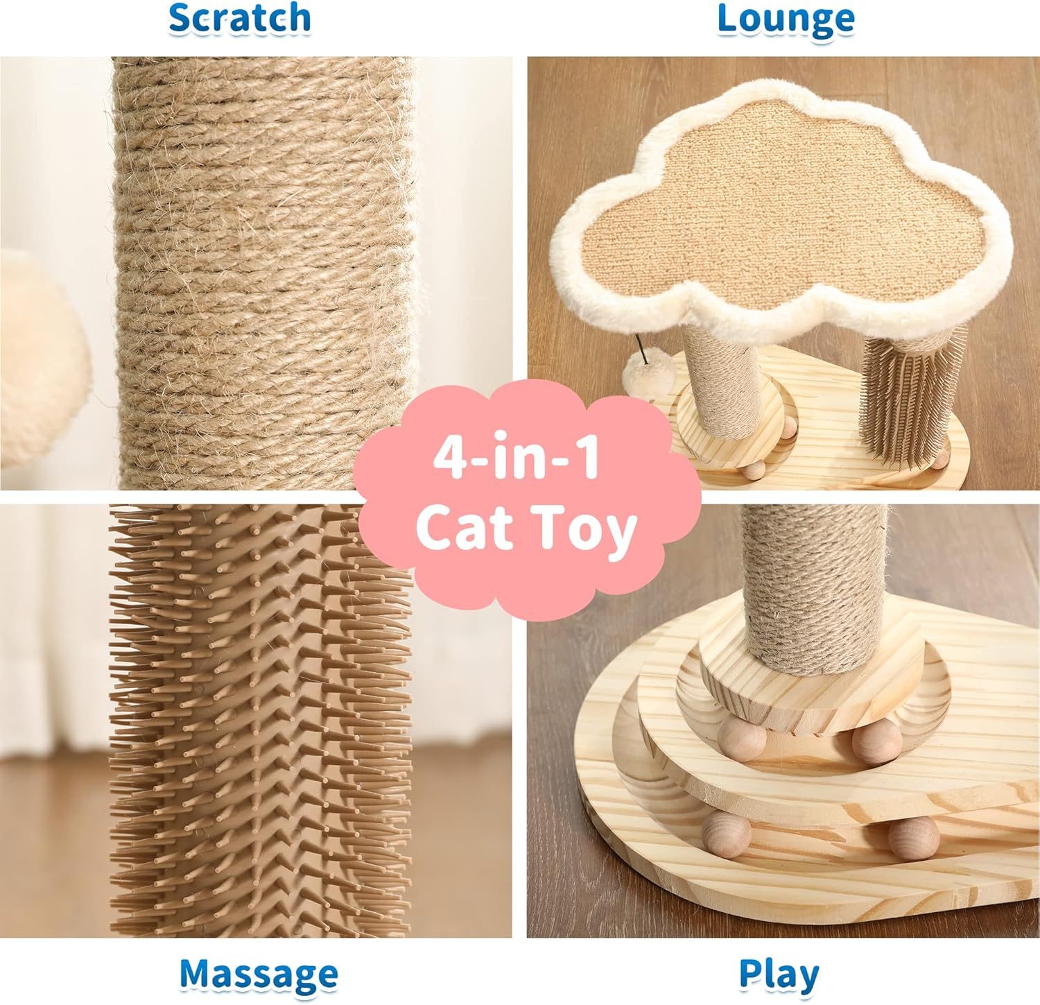 Cat Scratching Post, Cat Self Groomer for Indoor Cats, Cloud Soft Perch for Rest, 17.5" Tall Natural Sisal Scratcher Cat Grooming Interactive Ball Track Toys for Small Cats Kittens