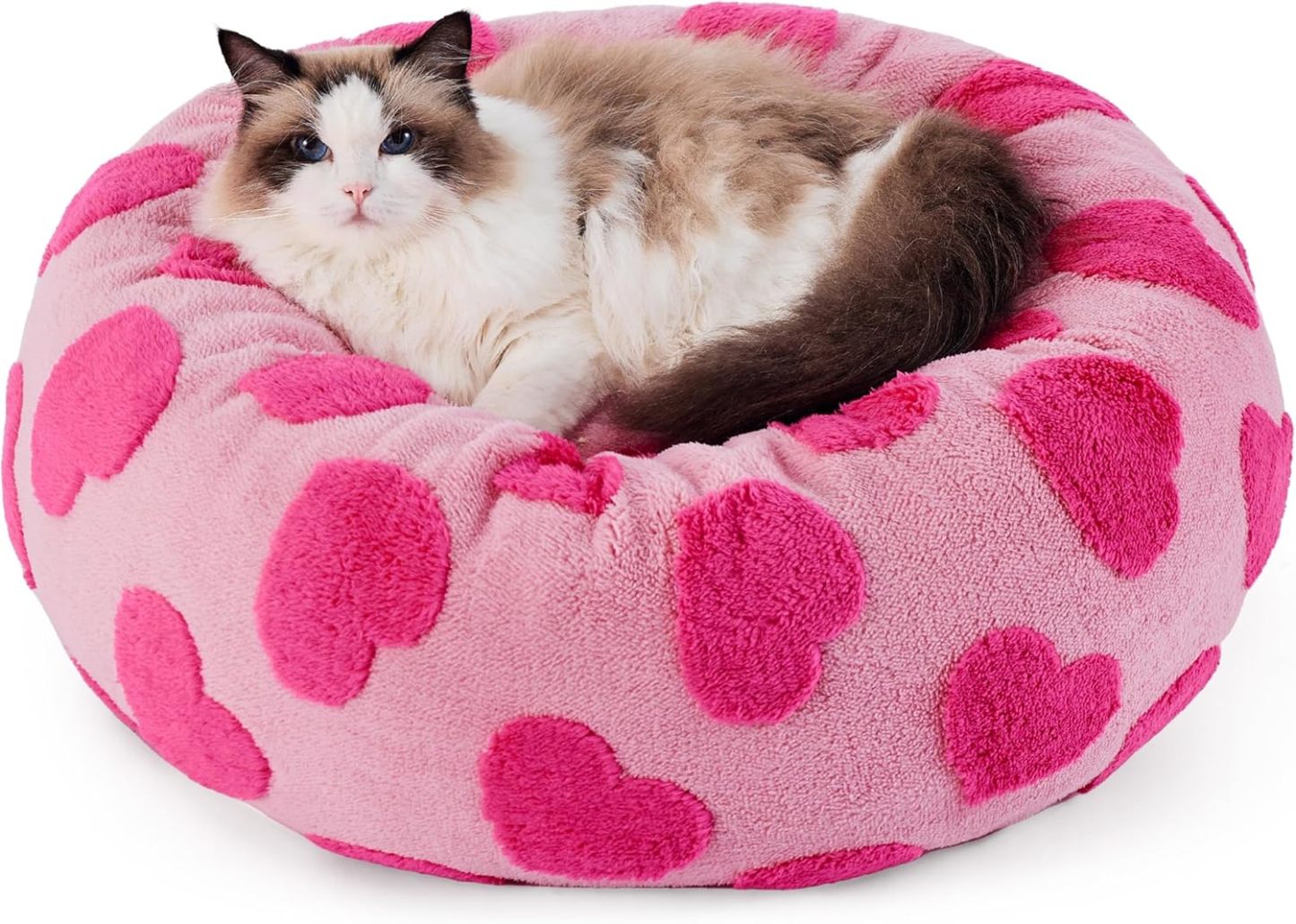 Donut Small Dog Bed - Round Cat Beds for Indoor Cats Anti-Anxiety Calming Pet Beds, Washable Cute Modern Beds with Teddy Sherpa Plush & Anti Slip Bottom, 20 Inch, Heart Pink