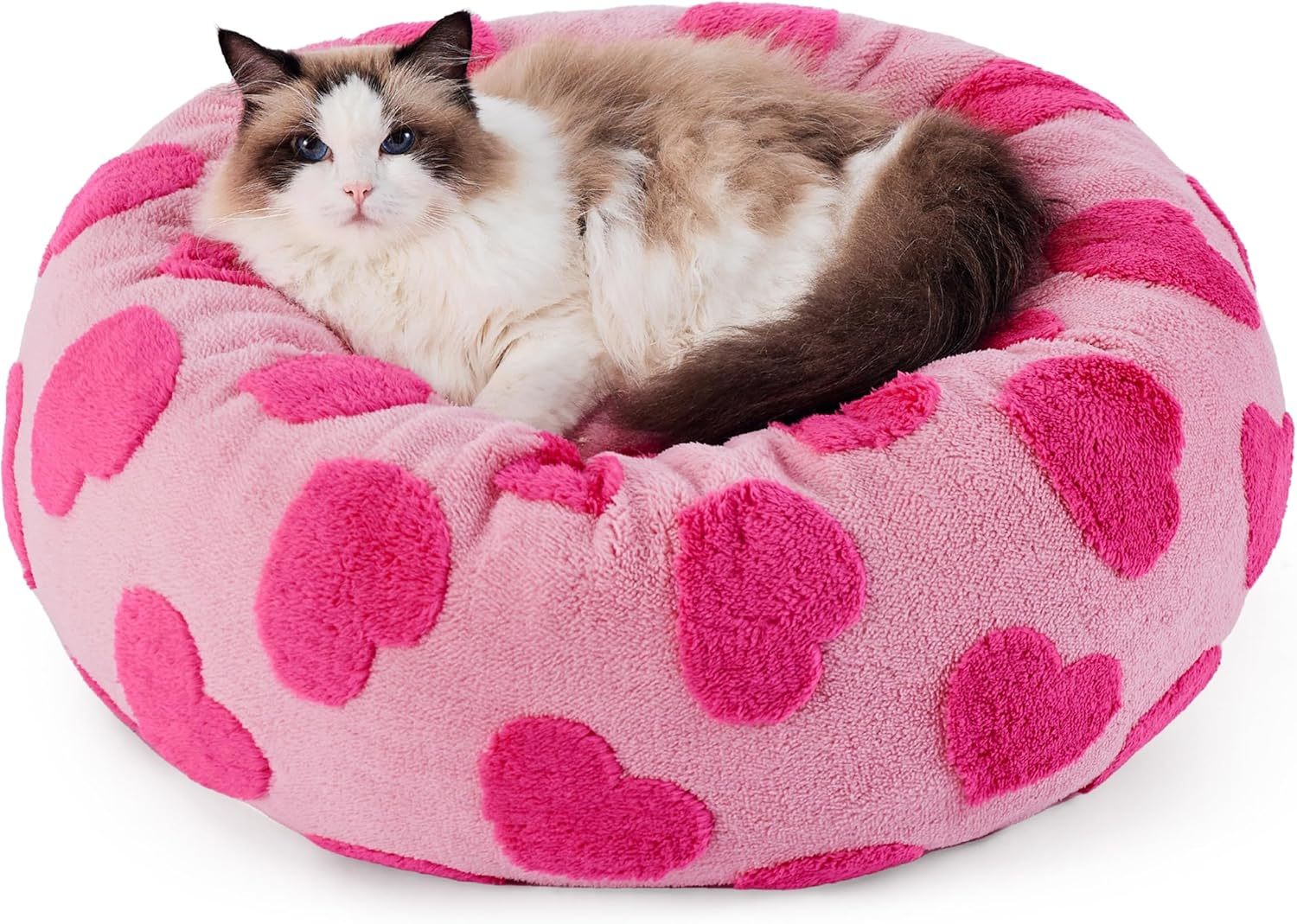 Donut Small Dog Bed - Round Cat Beds for Indoor Cats Anti-Anxiety Calming Pet Beds, Washable Cute Modern Beds with Teddy Sherpa Plush & Anti Slip Bottom, 20 Inch, Heart Pink