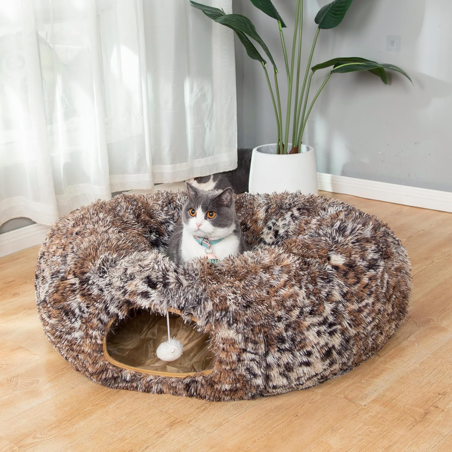 Warm Fluffy Plush Cat Dog Tunnel Bed with Washable Cushion- Big Tube Playground Toys 3 FT Diameter Collapsible, for Indoor Cat Kitty Kitten Puppy Rabbit Ferret Leopard Print