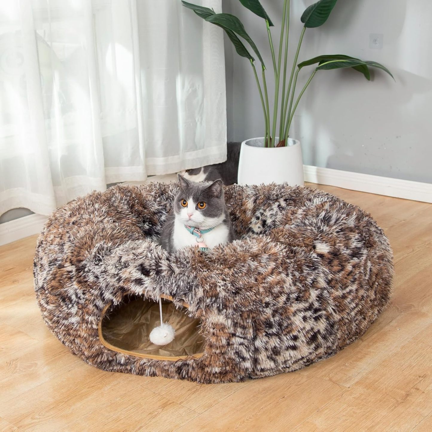 Warm Fluffy Plush Cat Dog Tunnel Bed with Washable Cushion- Big Tube Playground Toys 3 FT Diameter Collapsible, for Indoor Cat Kitty Kitten Puppy Rabbit Ferret Leopard Print