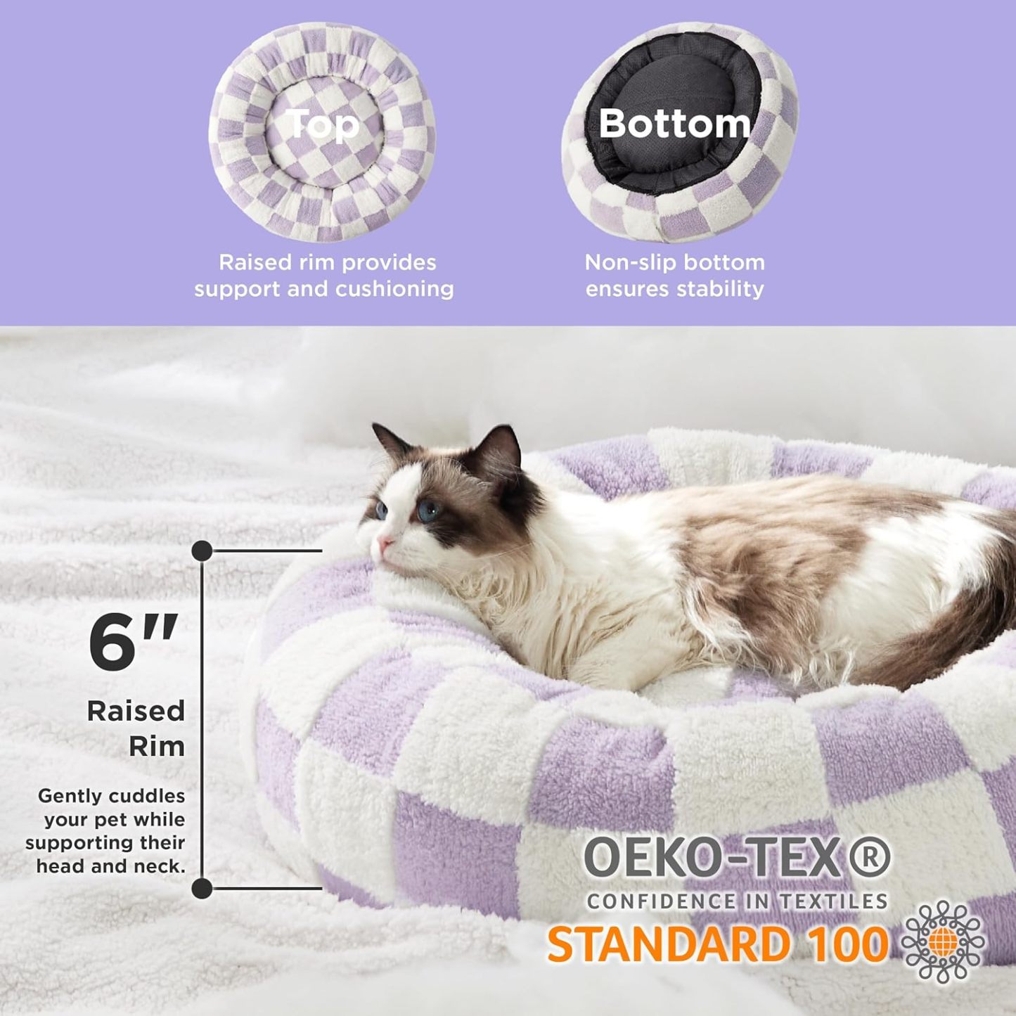 Cat Beds for Indoor Cats - Round Cat Bed Donut Small Dog Bed Calming Pet Beds, Cute Modern Beds with Jacquard Shaggy Plush & Anti Slip Bottom, 20 Inch, Purple