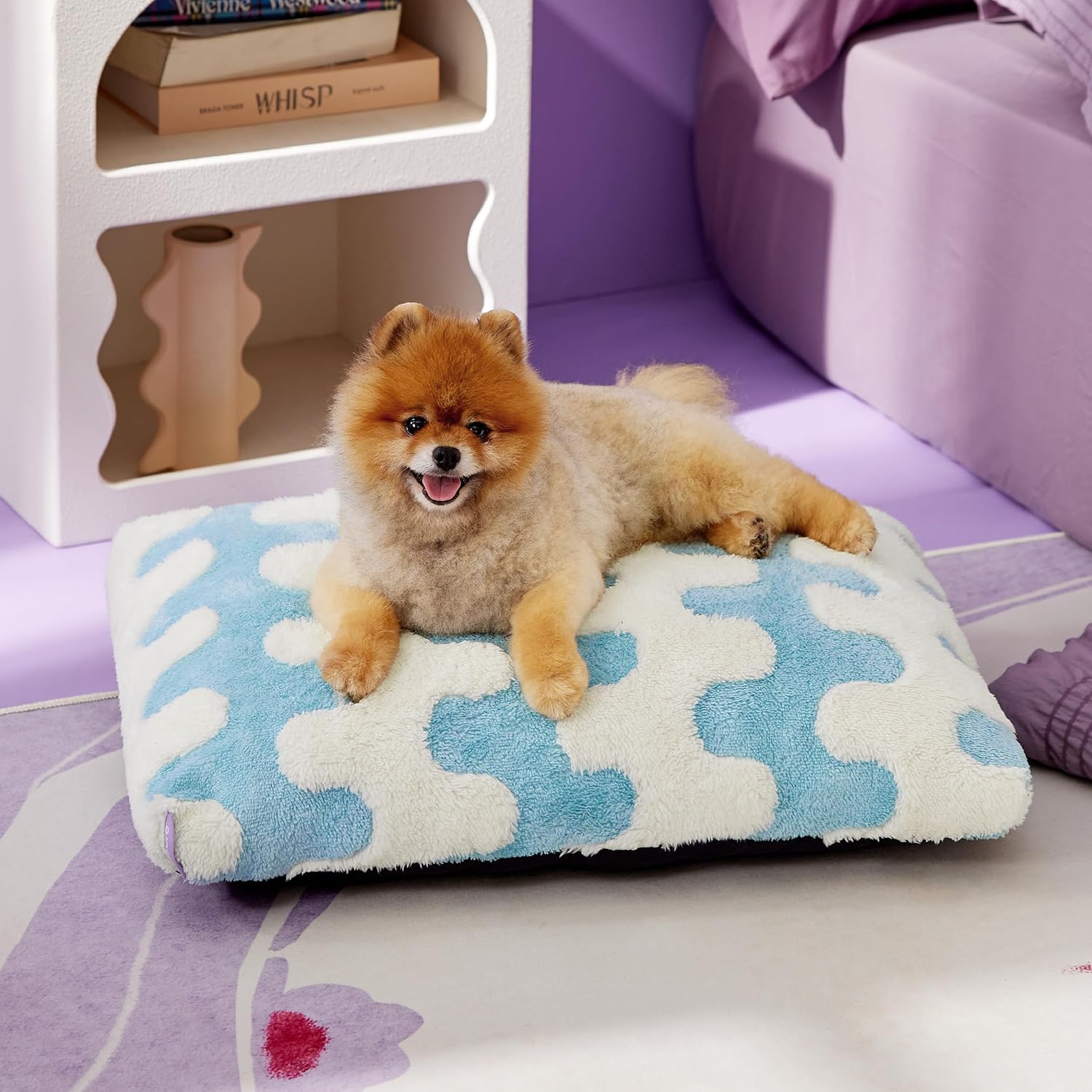 Small Dog Beds-Thick Shredded Chopped Foam Pet Bed, Dog Bed Indoor with Removable Cover, Cute Modern Fuzzy Plush & Anti Slip Bottom(24'x16', Blue Wave)
