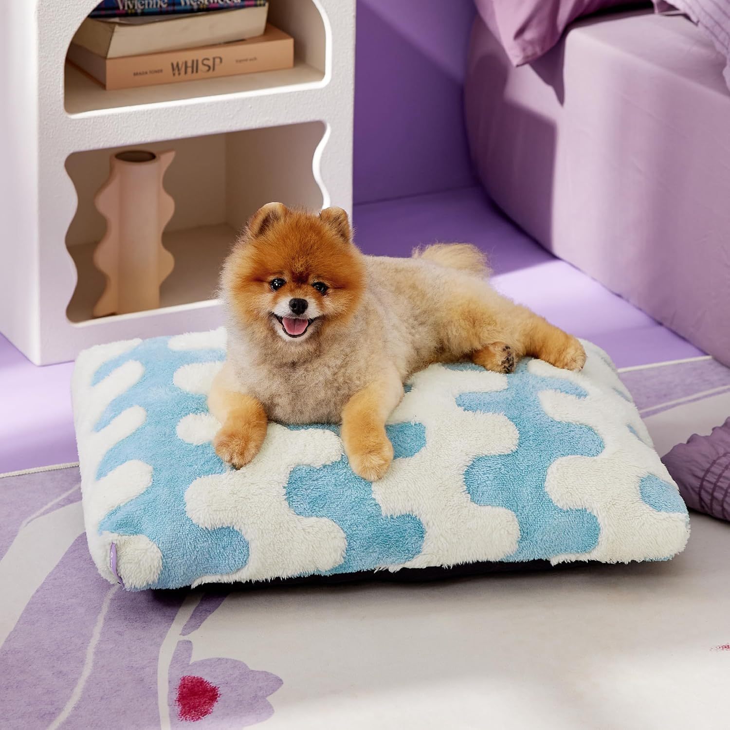 Small Dog Beds-Thick Shredded Chopped Foam Pet Bed, Dog Bed Indoor with Removable Cover, Cute Modern Fuzzy Plush & Anti Slip Bottom(24'x16', Blue Wave)