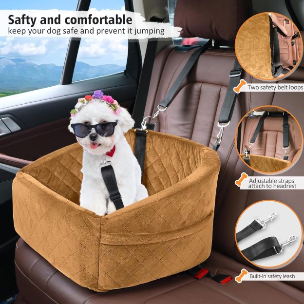 Dog Car Seat for Small Medium Dogs,Detachable Washable Dog Booster Seat Under 30lbs,Pet Car Seat Travel Bed with Storage Pockets and Dog Safety Belt (Brown)