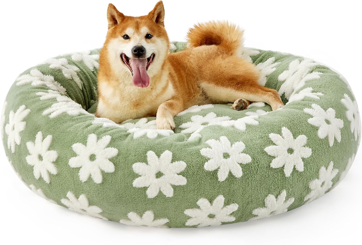 Donut Large Dog Bed - Round Cat Beds for Indoor Cats Anti-Anxiety Calming Pet Beds, Washable Cute Modern Beds with Teddy Sherpa Plush & Anti Slip Bottom Green
