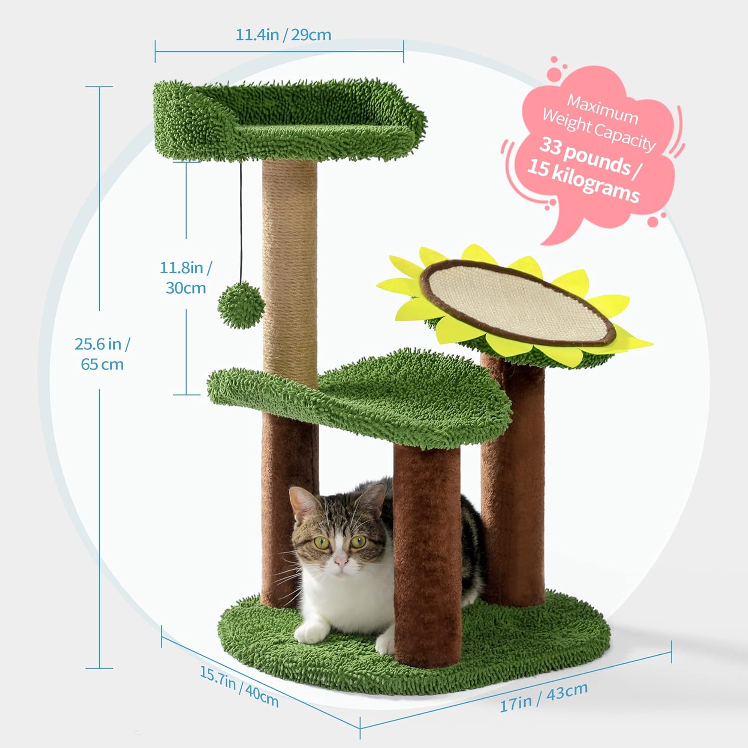Cactus Cat Tree, Green Cat Tower with Plush Perch for Small Indoor Kittens, Cat Scratcher with 2 Levels Platform for Kitty